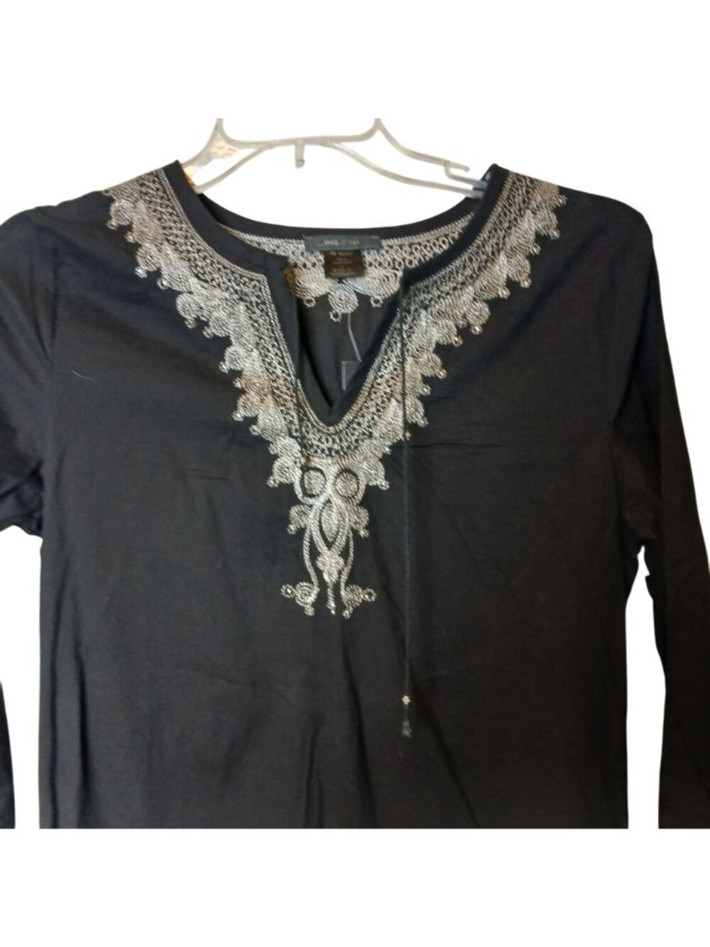 Ing.Com Black Large Tunic Top W/ Silver Embroidery Tassel Cotton Hippy Boho #I-2 - Picture 8 of 10